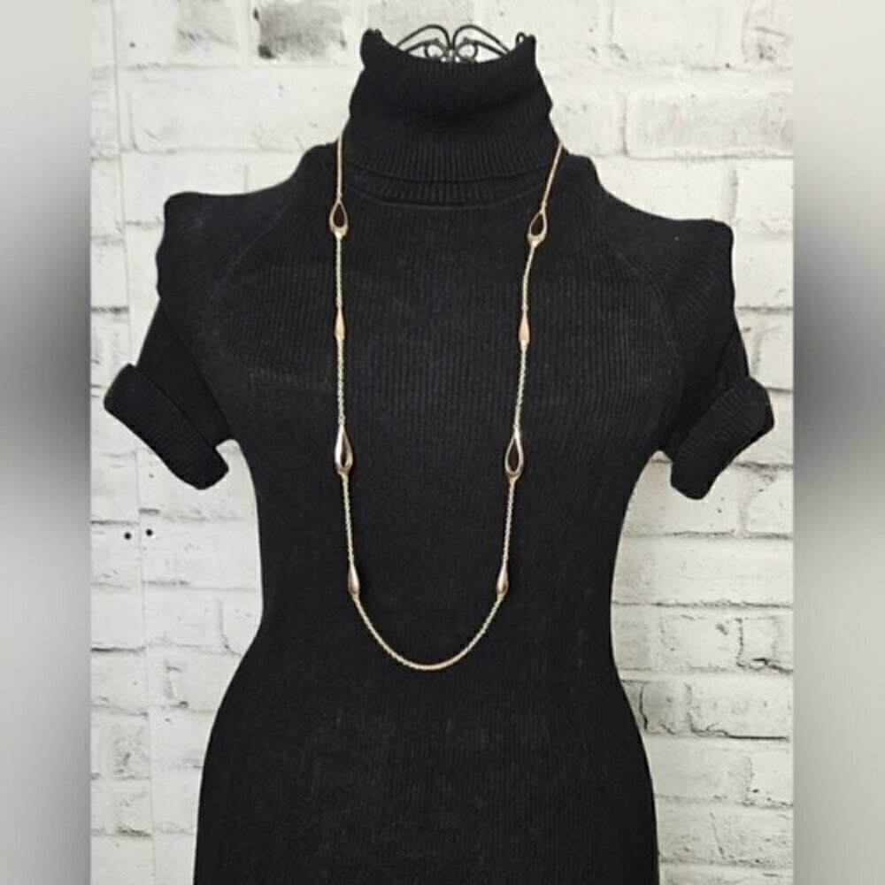 Gold-Tone Long Open Teardrop Station Necklace – Modern Minimalist Chain